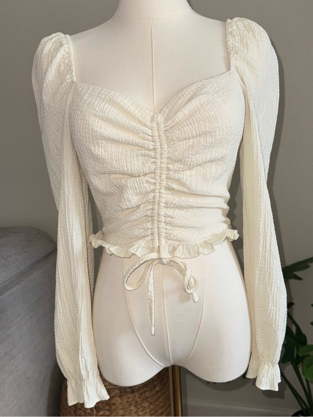 Forever 21 Small Ivory Ruched Crop Top Long Puff Sleeve Cottage core Renaissance
